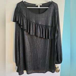Sejour Metallic Black Ruffle Long-Sleeve Top Size 1X